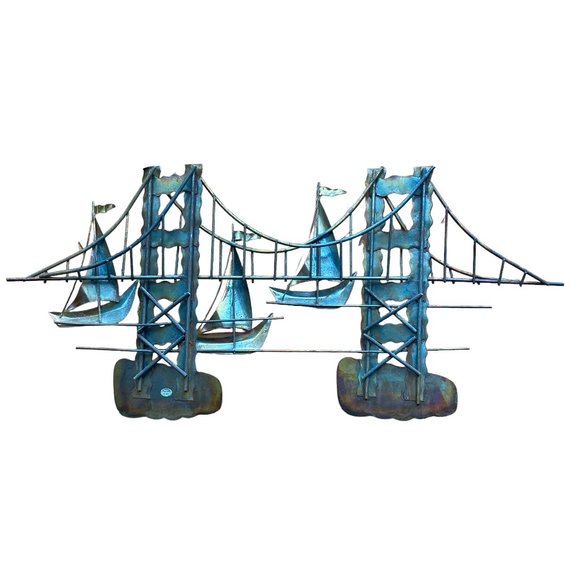 Vintage Mid Century Copper Metal Brutalist Style Wall Hanging Sailboats Bridge - Picture 5 of 16